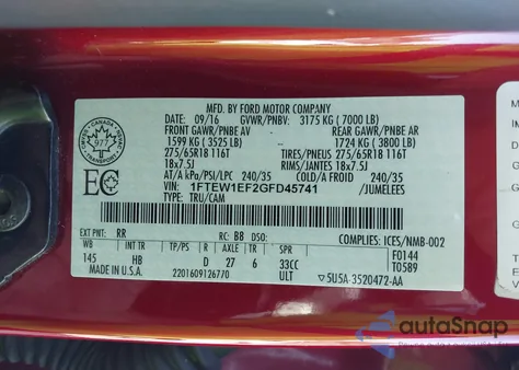 2016 Ford F-150 Lariat z USA, uszkodzony, nr VIN 1FTEW1EF2GFD45741